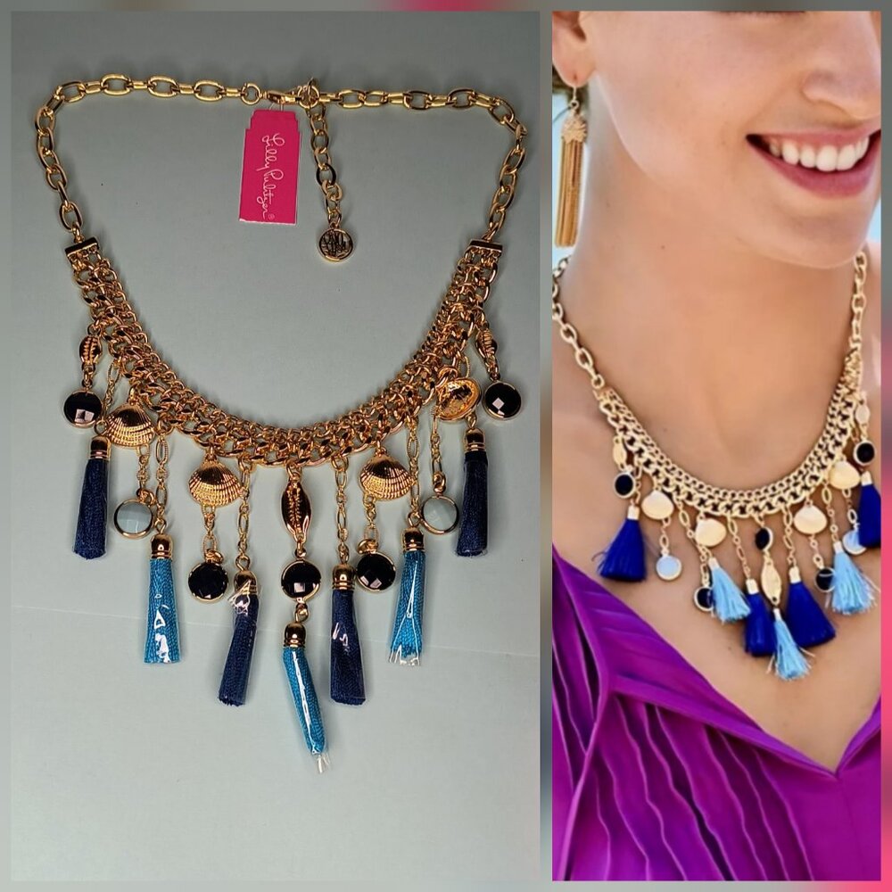 Lilly Pulitzer Seaside Tassel Necklace Choker hardware Capri Teal Gold Tone